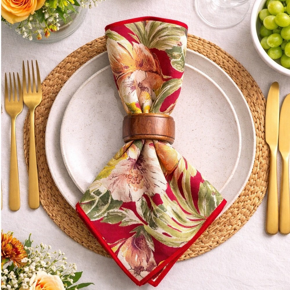 Set of 4 Tropical Hibiscus Floral Cloth Napkins Red Green‎ Gold Palm Leaf Print